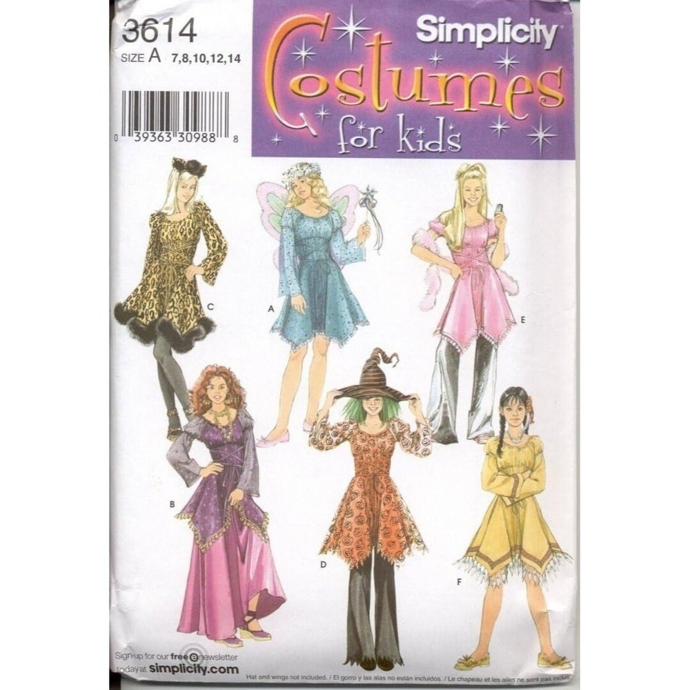 Simplicity‎ Sewing Pattern 3614 Costume Angel Gypsy Witch Rocker Cat Size 7-14